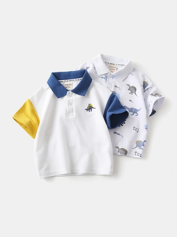 Maglietta Polo a Manica Corta da Ragazzo in Misto Cotone Stampa Dinosauro del Fumetto Blocco di Colore Top per Bambini Estate