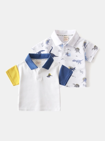 Maglietta Polo a Manica Corta da Ragazzo in Misto Cotone Stampa Dinosauro del Fumetto Blocco di Colore Top per Bambini Estate