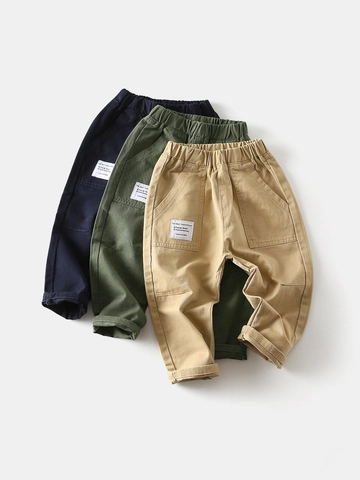 Boys Casual Cotton Cargo Pants Elastic Waist Solid Color Loose Washed Trousers For Kids Daily Wear Khaki Navy Army Green