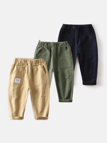 Boys Casual Cotton Cargo Pants Elastic Waist Solid Color Loose Washed Trousers For Kids Daily Wear Khaki Navy Army Green