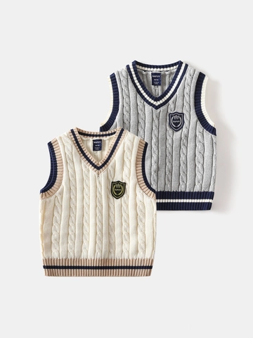 Boys Preppy V Neck Cable Knit Vest Sleeveless Cotton Sweater With Badge Patch Trendy Pullover Top For Toddler Kids