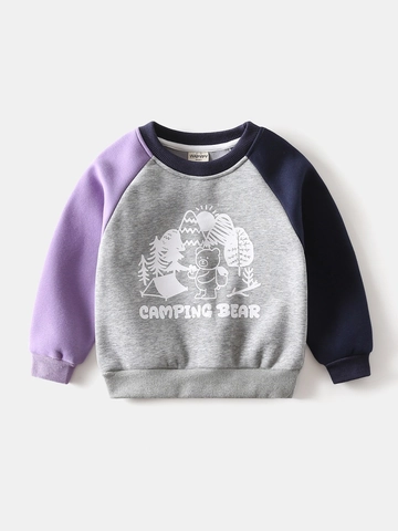 Kinder Fleece Gevoerde Katoenmix Sweatshirt Dik Winter Patchwork Mouw Camping Beer Print Pullover Top Voor Jongens Meisjes