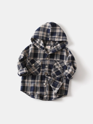 Camicia a Quadri con Cappuccio per Bambini in Cotone Spazzolato Flanella a Maniche Lunghe con Bottoni per Ragazzi Ragazze Casual Autunno Inverno