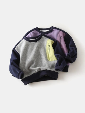 Jongens Fleece Gevoerd Sweatshirt Kleurblok Gespleten Mouw Ronde Hals Pullover Verdikt Warm Top Voor Herfst Winter Kinderkleding
