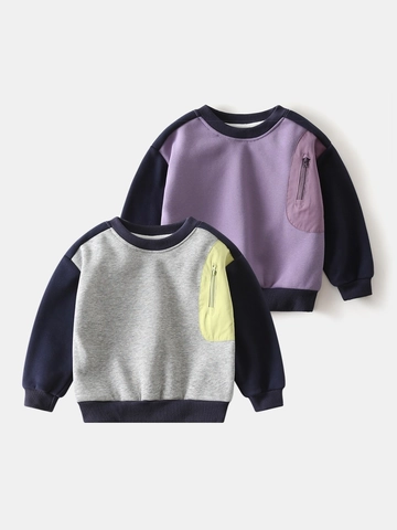 Jongens Fleece Gevoerd Sweatshirt Kleurblok Gespleten Mouw Ronde Hals Pullover Verdikt Warm Top Voor Herfst Winter Kinderkleding