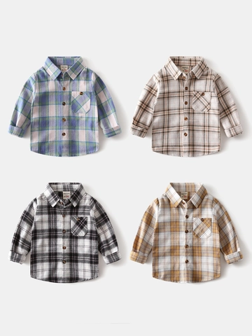 Boys Long Sleeve Plaid Shirt Brushed Cotton Fall Kids Turn Down Collar Button Up Top Korean Style Children Toddler Clothing