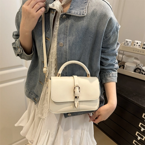 Bolso de Bandolera Pequeño Cuadrado de Cuero PU para Mujer Color Sólido Textura Lichi Bolso de Hombro con Asa Hebilla de Metal