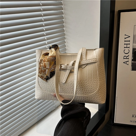 Borsa Tote da Donna alla Moda con Motivo Coccodrillo e Foulard in Seta Grande Capacità Borsa a Spalla in Pelle PU per Pendolari