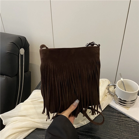Damen Böhmisch Wildlederimitat Quasten Eimertasche Retro Fransen Umhängetasche Mit Verstellbarem Schultergurt Urban Mode Handtasche