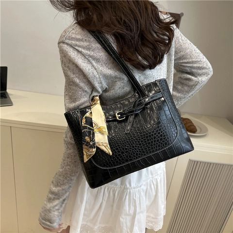 Borsa Tote da Donna alla Moda con Motivo Coccodrillo e Foulard in Seta Grande Capacità Borsa a Spalla in Pelle PU per Pendolari
