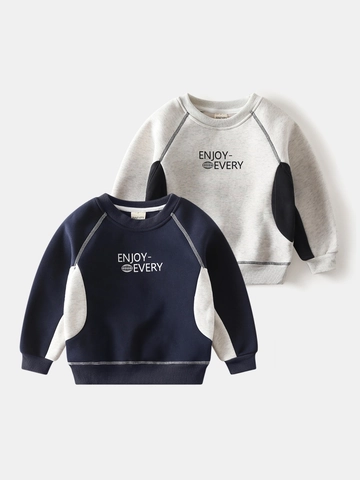 Jongens Verdikte Fleece Sweatshirt Kleurblok Ronde Hals Pullover Katoenmix Letterprint Warm Winter Top Voor Kinderen