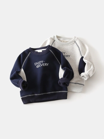 Jongens Verdikte Fleece Sweatshirt Kleurblok Ronde Hals Pullover Katoenmix Letterprint Warm Winter Top Voor Kinderen