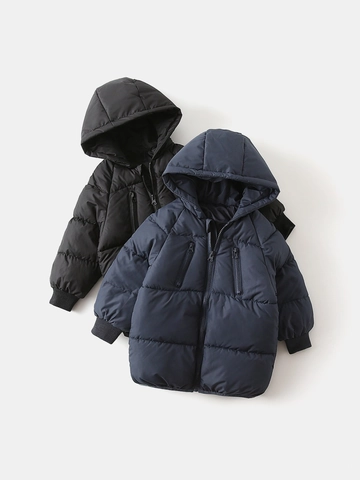Boys Padded Coat Hooded Windproof Winter Jacket Thickened Polyester Quilted Outerwear Casual Warm Zipper Pocket Kids Apparel