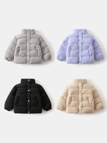 Kids Boys Corduroy Padded Coat Winter Thickened Stand Collar Jacket Solid Color Warm Outerwear For Toddler Children
