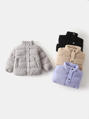 Kids Boys Corduroy Padded Coat Winter Thickened Stand Collar Jacket Solid Color Warm Outerwear For Toddler Children