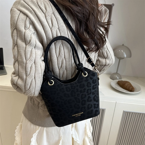 Bolso de Cubo con Estampado de Leopardo de Moda para Mujer Bolso de Mano de Gran Capacidad Elegante Bolso Bandolera de Cuero PU con Asa con Nudo