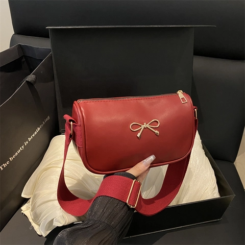 Women PU Leather Crossbody Bag Fashion Small Square Handbag With Metal Bow And Adjustable Wide Shoulder Strap For Daily Use