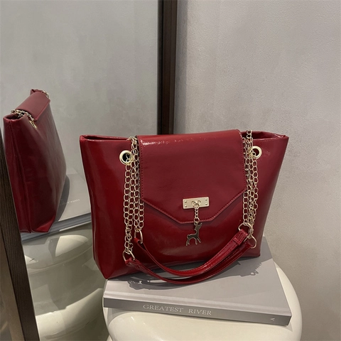 New Women Fashion Large Capacity PU Leather Shoulder Bag With Gold Chain Strap And Deer Pendant Commuter Tote Square Bag