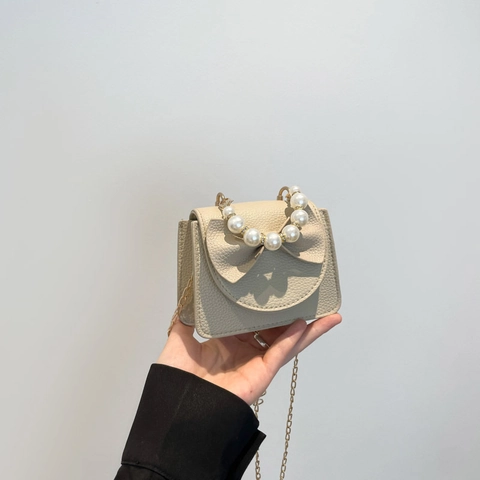 Mini Sac en Cuir PU à Nœud Papillon pour Femme avec Poignée en Perles Artificielles Sac à Bandoulière avec Chaîne en Métal Doré