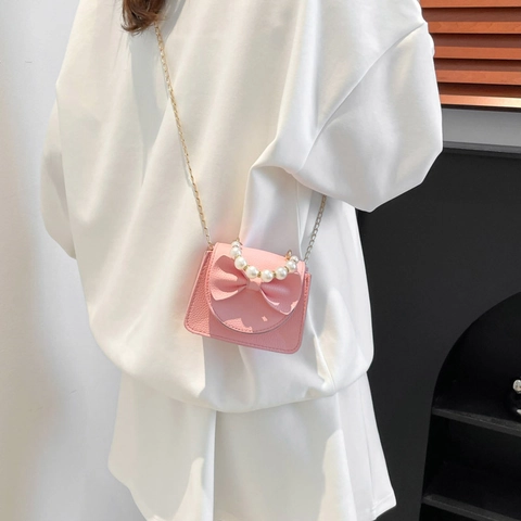 Mini Sac en Cuir PU à Nœud Papillon pour Femme avec Poignée en Perles Artificielles Sac à Bandoulière avec Chaîne en Métal Doré