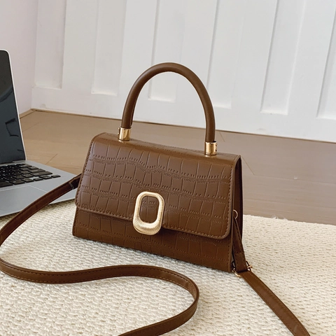 Borsa a Mano da Donna con Goffratura Coccodrillo Borsa a Tracolla Quadrata in Pelle PU Vintage con Chiusura in Metallo Oro