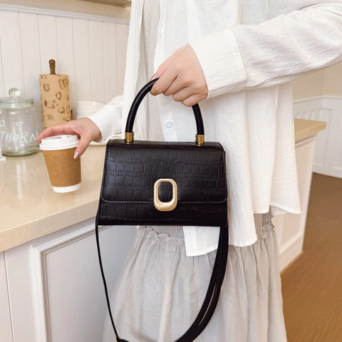 Borsa a Mano da Donna con Goffratura Coccodrillo Borsa a Tracolla Quadrata in Pelle PU Vintage con Chiusura in Metallo Oro