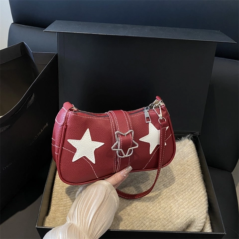 Women Fashion Star Shoulder Bag PU Leather Underarm Bag With Star Applique Contrast Stitching Retro Streetwear Small Square Bag