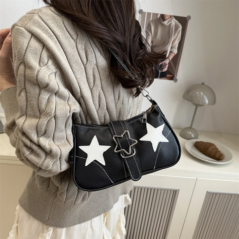 Women Fashion Star Shoulder Bag PU Leather Underarm Bag With Star Applique Contrast Stitching Retro Streetwear Small Square Bag