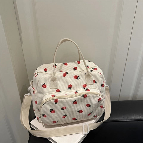 Bolso Tote de Pana con Estampado de Fresa de Estilo Japonés para Mujer Lindo Bolso Bandolera de Gran Capacidad