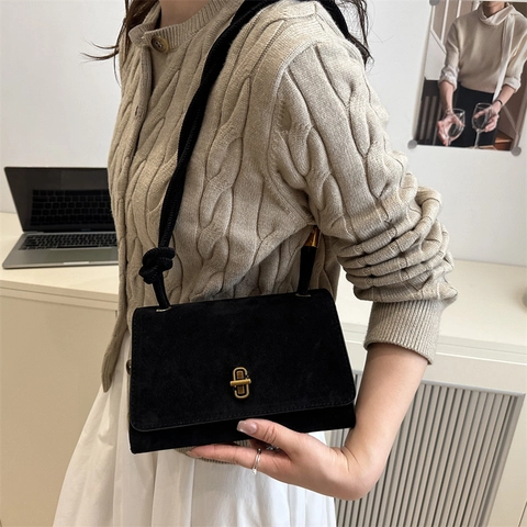 Vintage Suede Underarm Bag For Women Frosted Shoulder Bag With Metal Lock Flap Retro Commuter Crossbody Bag Chic Handbag