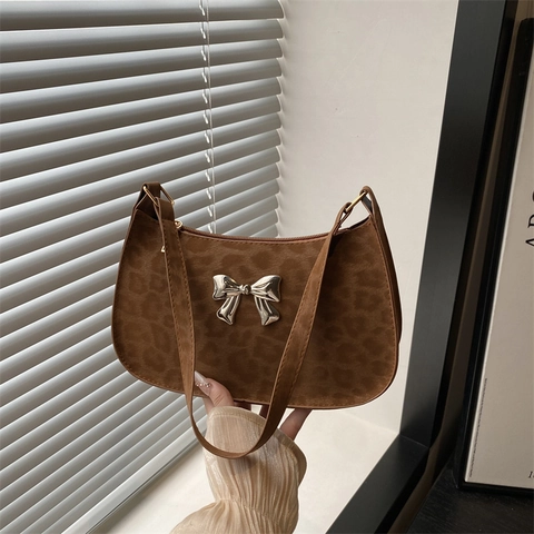 Leopard Print Bowknot Underarm Bag For Women Retro PU Suede Shoulder Bag Fashion Y2K Handbag Daily Party Travel Purse
