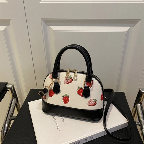 Damen Mode Erdbeere Bedruckt PU Leder Muschel Handtasche Pendler Lässig Umhängetasche Süße Mädchen Griff Henkeltasche Schultertasche