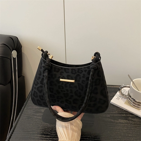 Retro Women Leopard Print PU Underarm Bag Knotted Strap Gold Metal Decor Solid Color Shoulder Crossbody Bag Fashion Bag