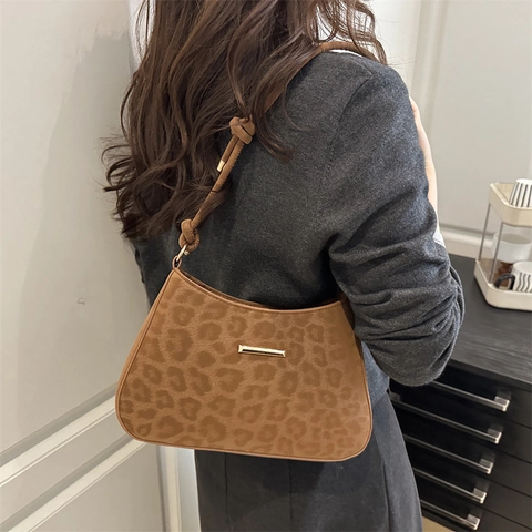 Retro Women Leopard Print PU Underarm Bag Knotted Strap Gold Metal Decor Solid Color Shoulder Crossbody Bag Fashion Bag