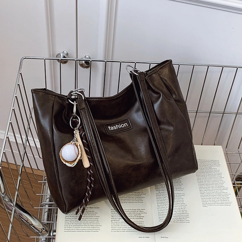 Women Retro Large Capacity PU Leather Tote Bag Fashion Shoulder Underarm Bag Solid Color With Sporty Charm Casual Office Purse