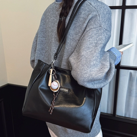 Women Retro Large Capacity PU Leather Tote Bag Fashion Shoulder Underarm Bag Solid Color With Sporty Charm Casual Office Purse