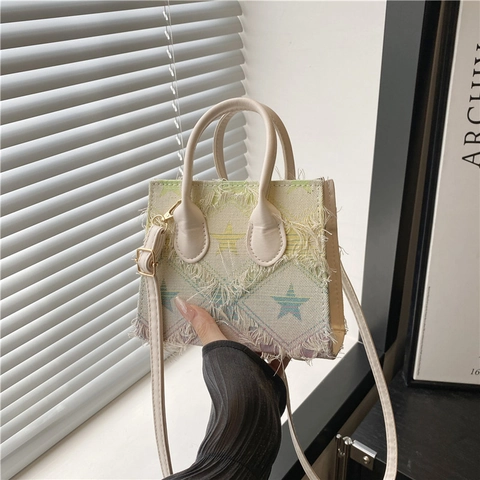 Women Fashion Denim Crossbody Bag Checkered Star Pattern Small Square Handbag With Frayed Edges Street Trend Shoulder Bag