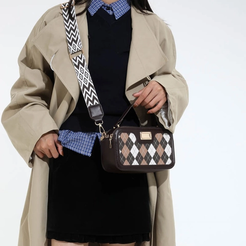 Borsa Quadrata Piccola da Donna con Stampa Argyle Vintage Tracolla Larga Messenger Borsa a Tracolla in Pelle PU Moda