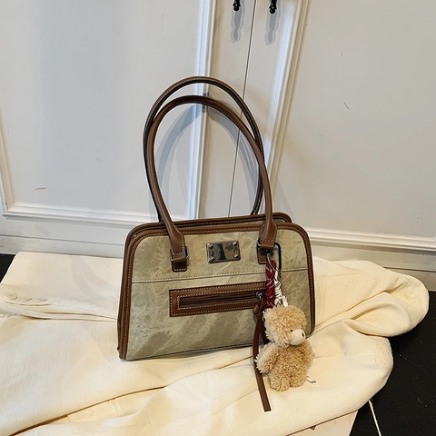 Retro Dames PU Leer Tote Tas Grote Capaciteit Schoudertas Met Beer Hanger Stiksel Kantoor Woon-werkverkeer Handtas Hobotas