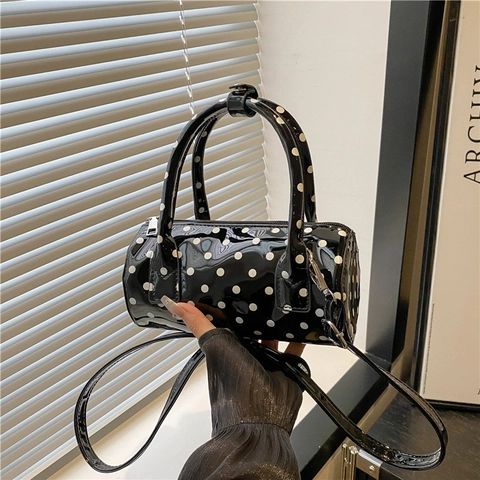 Damen Polka Dot Zylindertasche Retro Glänzende PU Leder Handtasche Umhängetasche Mit Doppelgriffen Und Verstellbarem Schultergurt