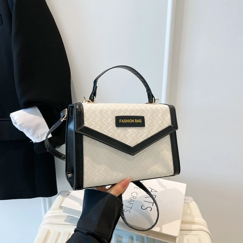 Sac Bandoulière Femme Mode en Cuir PU Tressé Sac à Main Élégant Color Block Petit Sac Carré à Rabat Tendance