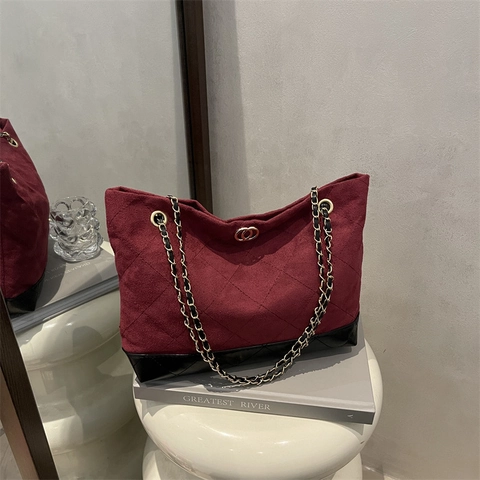Bolso Tote de Gamuza Acolchado Vintage para Mujer Con Correa de Cadena Metálica Bolso de Hombro Retro Color Block Gran Capacidad