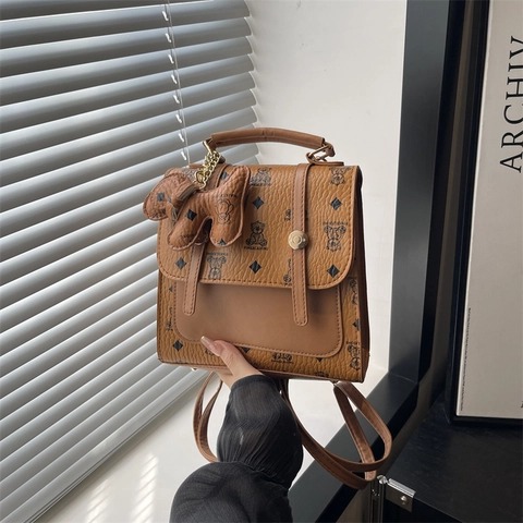 Mini Sac à Dos de Style Coréen Rétro Mode Imprimé Ours à Pois pour Femmes Étudiants Léger en Simili-Cuir PU Sac d'École Décontracté