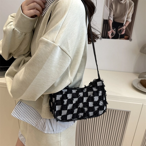 Damen Denim Fransen Schultertasche Vintage Sternmuster Karomuster Achseltasche Retro Streetwear Lässige Handtasche
