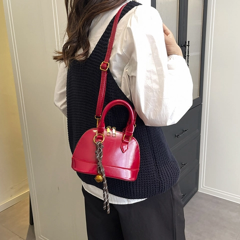 Borsa a Conchiglia in Pelle PU Vintage per Donna Colore a Contrasto Borsa a Tracolla Con Pendente Piccola Borsa a Mano