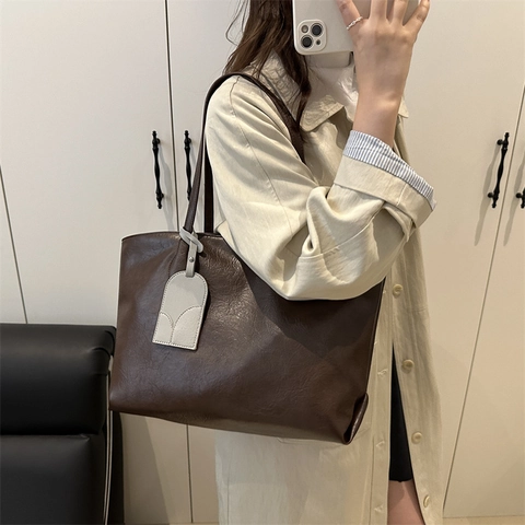 Bolso Tote de Cuero PU Minimalista de Gran Capacidad para Mujer Moda Viaje Bolso de Hombro Bolso de Axila Color Sólido Elegante Oficina Dama Bolso