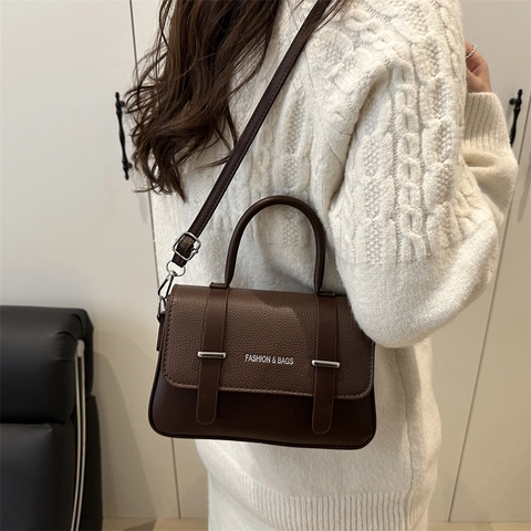 Moda Donna Borsa Postino in Pelle PU Vintage Trama a Buccia d'Arancia Borsa a Mano Tracolla Quadrata per Pendolarismo Street Style