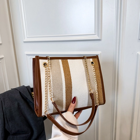 Borsa Tote in Pelle PU a Righe alla Moda per Donna Borsa a Tracolla Versatile per Pendolari con Tracolla a Catena