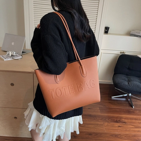 Einfache Retro PU Leder Große Kapazität Tote Bag Brief Geprägt Doppel Riemen Umhängetasche Für Damen Pendeln Lässig Alltag