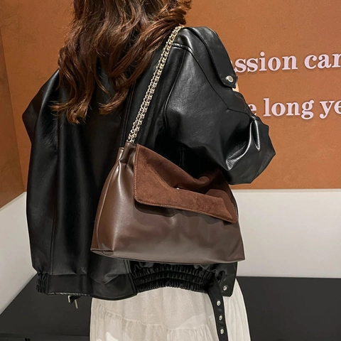 Borsa a Tracolla Donna Patchwork in Pelle PU e Camoscio con Catena Grande Capacità Tote Sottobraccio 2025 Autunno Pendolare